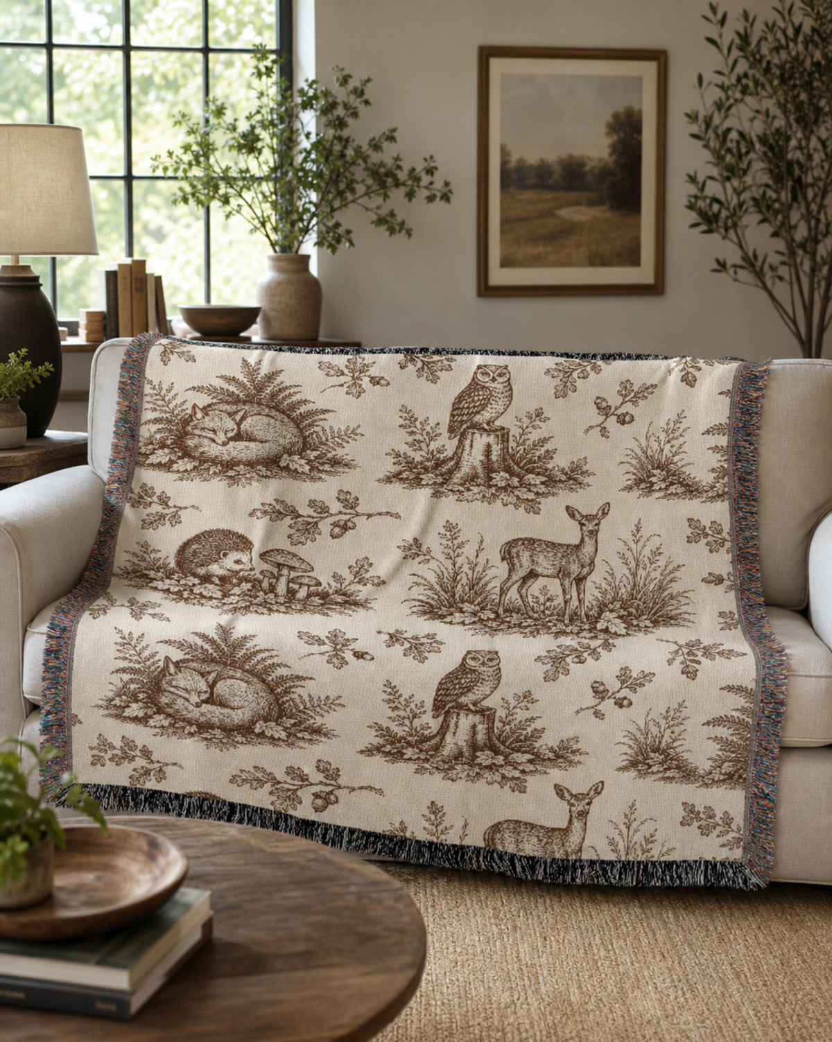 Woodland Toile Woven Blanket, Forest Animal Throw with Fringe, Cottagecore Cabin Decor