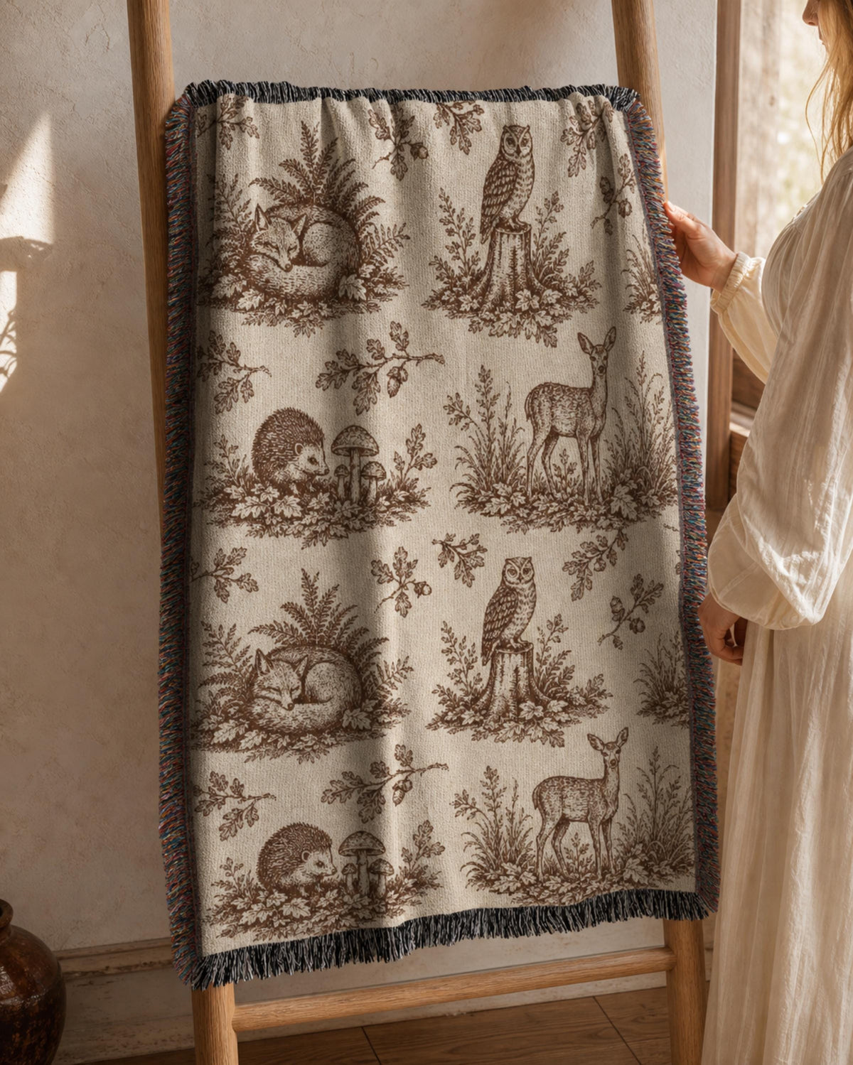 Woodland Toile Woven Blanket, Forest Animal Throw with Fringe, Cottagecore Cabin Decor