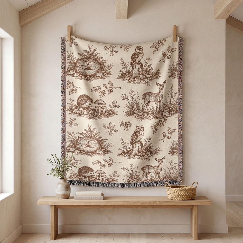 Woodland Toile Woven Blanket, Forest Animal Throw with Fringe, Cottagecore Cabin Decor