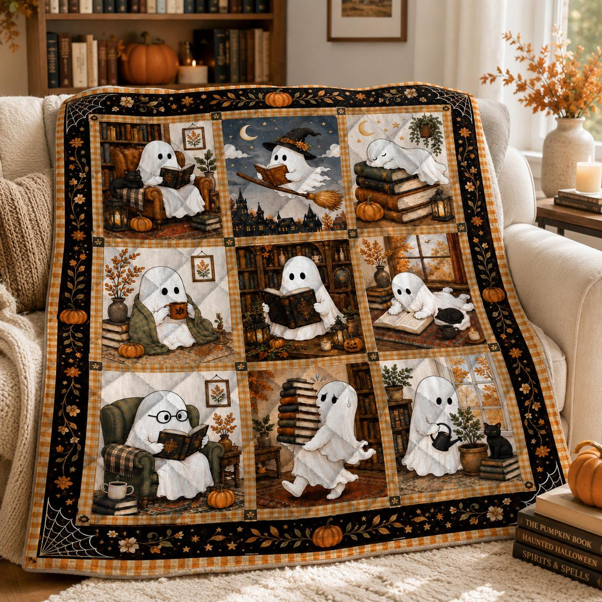 Cute Ghost Reading Quilt Blanket Halloween Book Lover Gift Cozy Spooky Library Throw Fall Boo Crew Bedding Autumn Gifts for Reader Black Cat