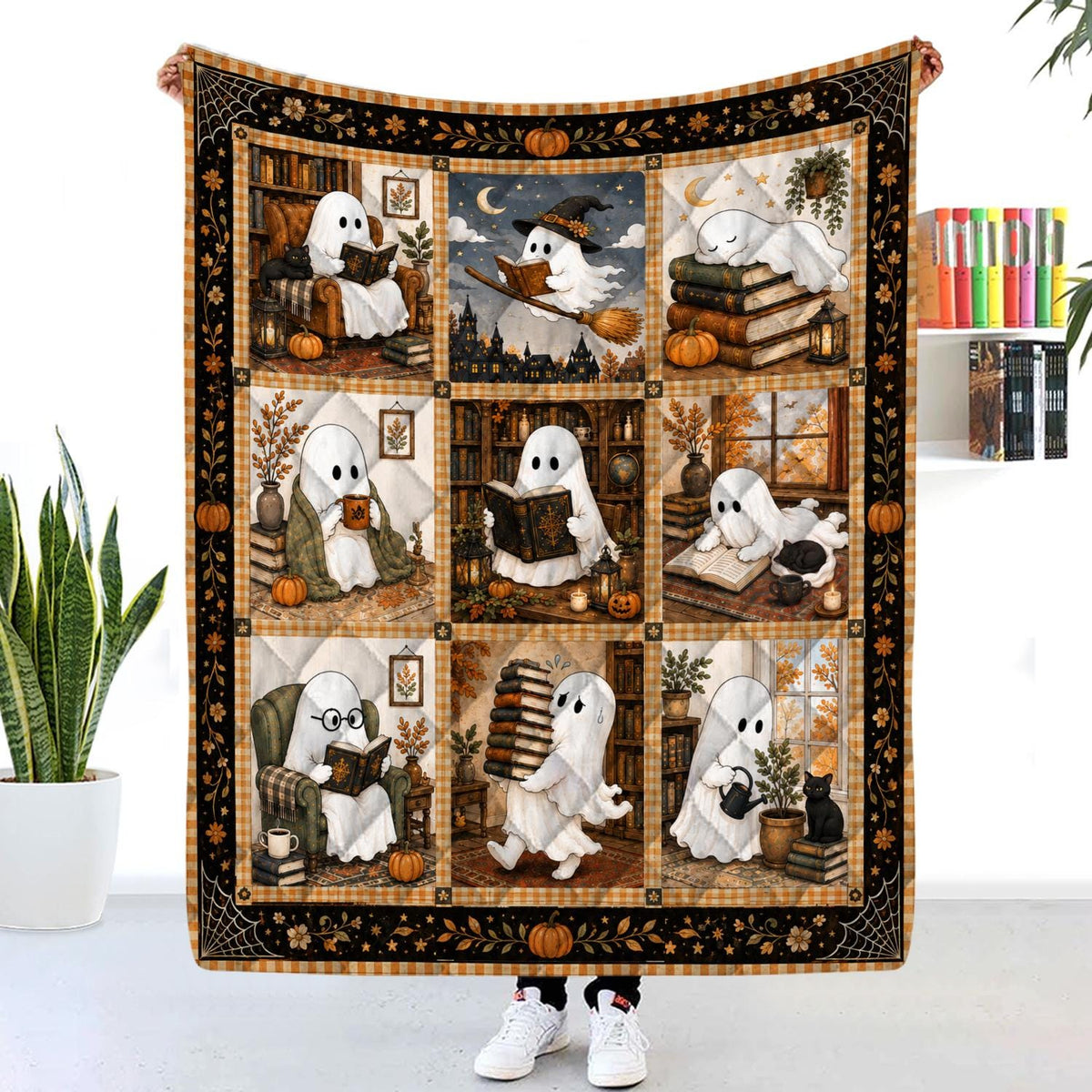 Cute Ghost Reading Quilt Blanket Halloween Book Lover Gift Cozy Spooky Library Throw Fall Boo Crew Bedding Autumn Gifts for Reader Black Cat