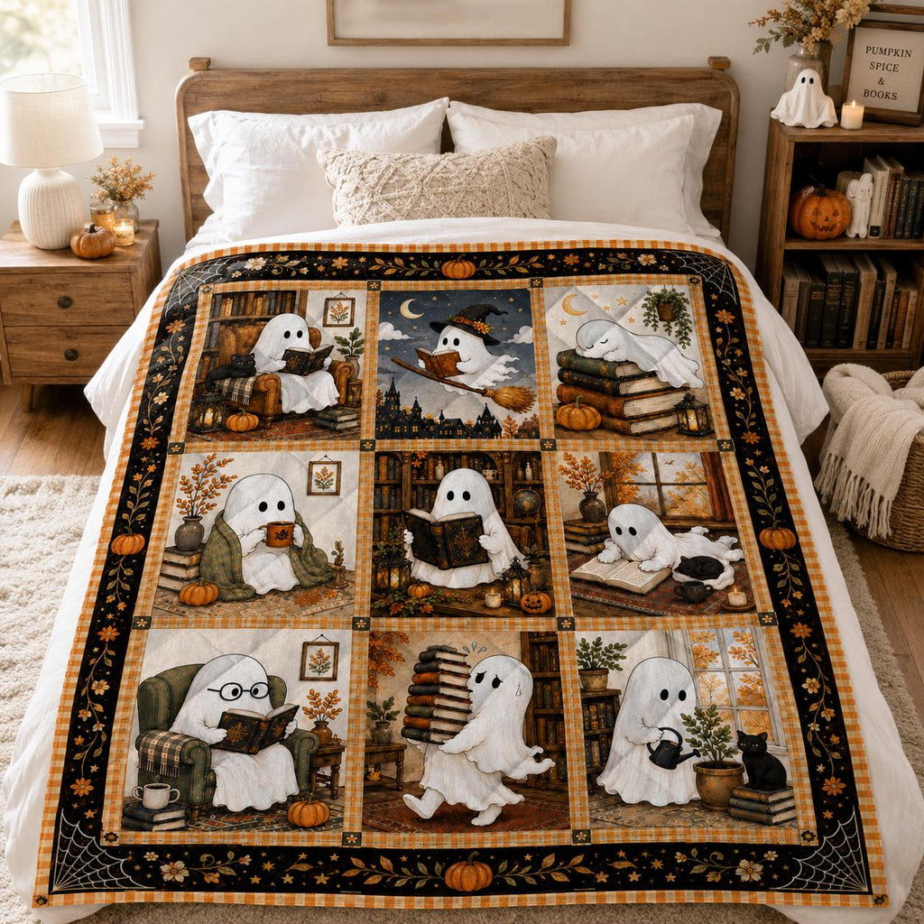 Cute Ghost Reading Quilt Blanket Halloween Book Lover Gift Cozy Spooky Library Throw Fall Boo Crew Bedding Autumn Gifts for Reader Black Cat