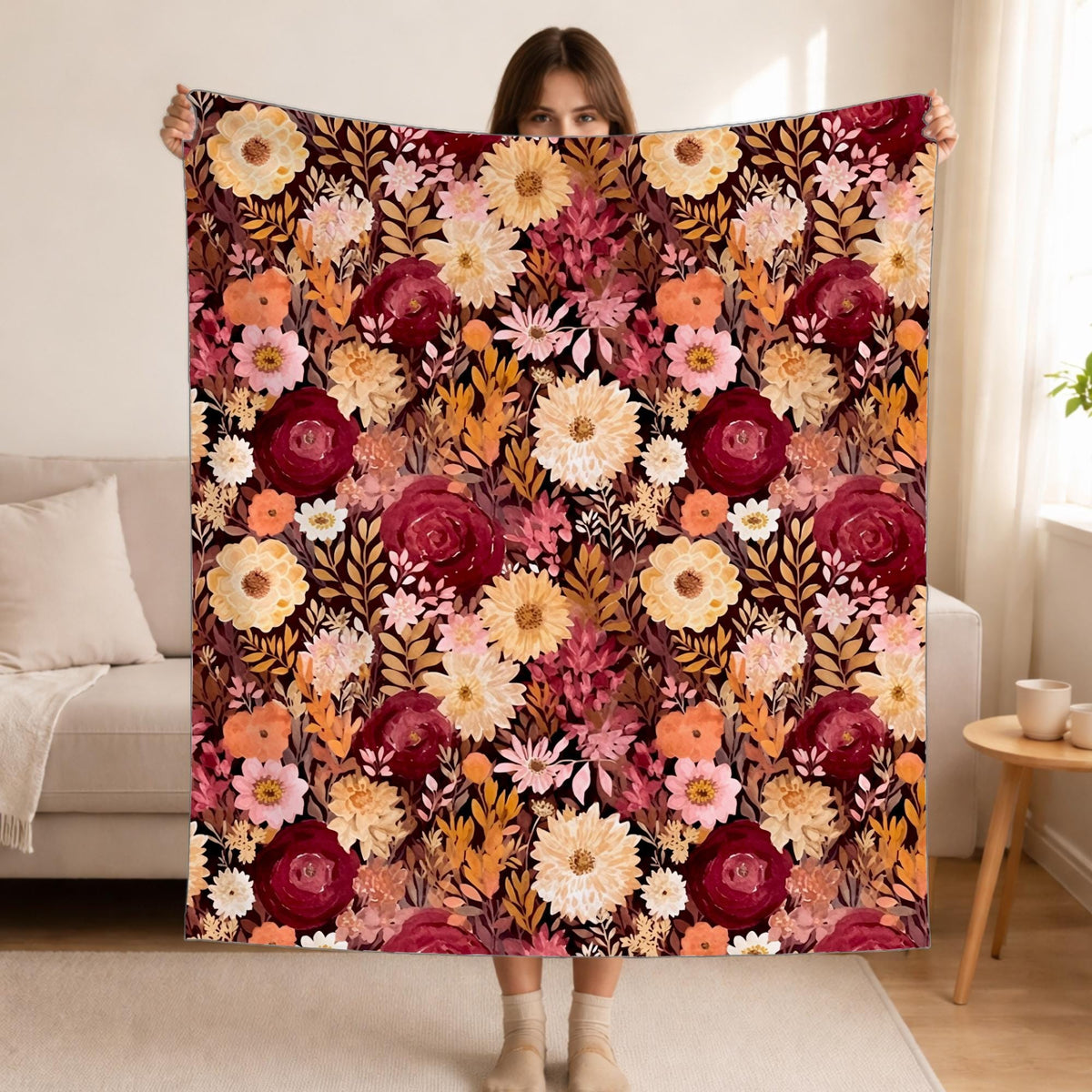 Autumn Burgundy Watercolor Floral Blanket, Fall Botanical Decor, Burgundy & Orange Cozy Blanket, Cottagecore Home Decor,