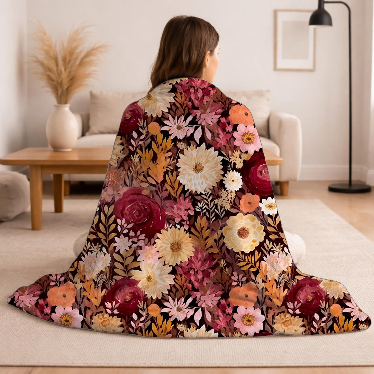Autumn Burgundy Watercolor Floral Blanket, Fall Botanical Decor, Burgundy & Orange Cozy Blanket, Cottagecore Home Decor,