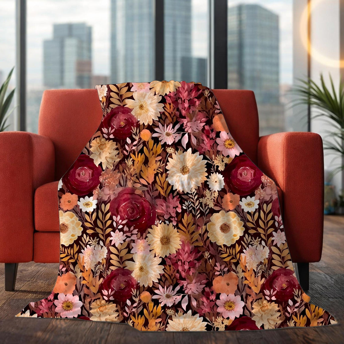 Autumn Burgundy Watercolor Floral Blanket, Fall Botanical Decor, Burgundy & Orange Cozy Blanket, Cottagecore Home Decor,