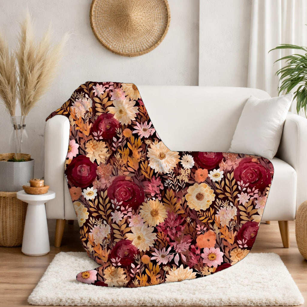 Autumn Burgundy Watercolor Floral Blanket, Fall Botanical Decor, Burgundy & Orange Cozy Blanket, Cottagecore Home Decor,