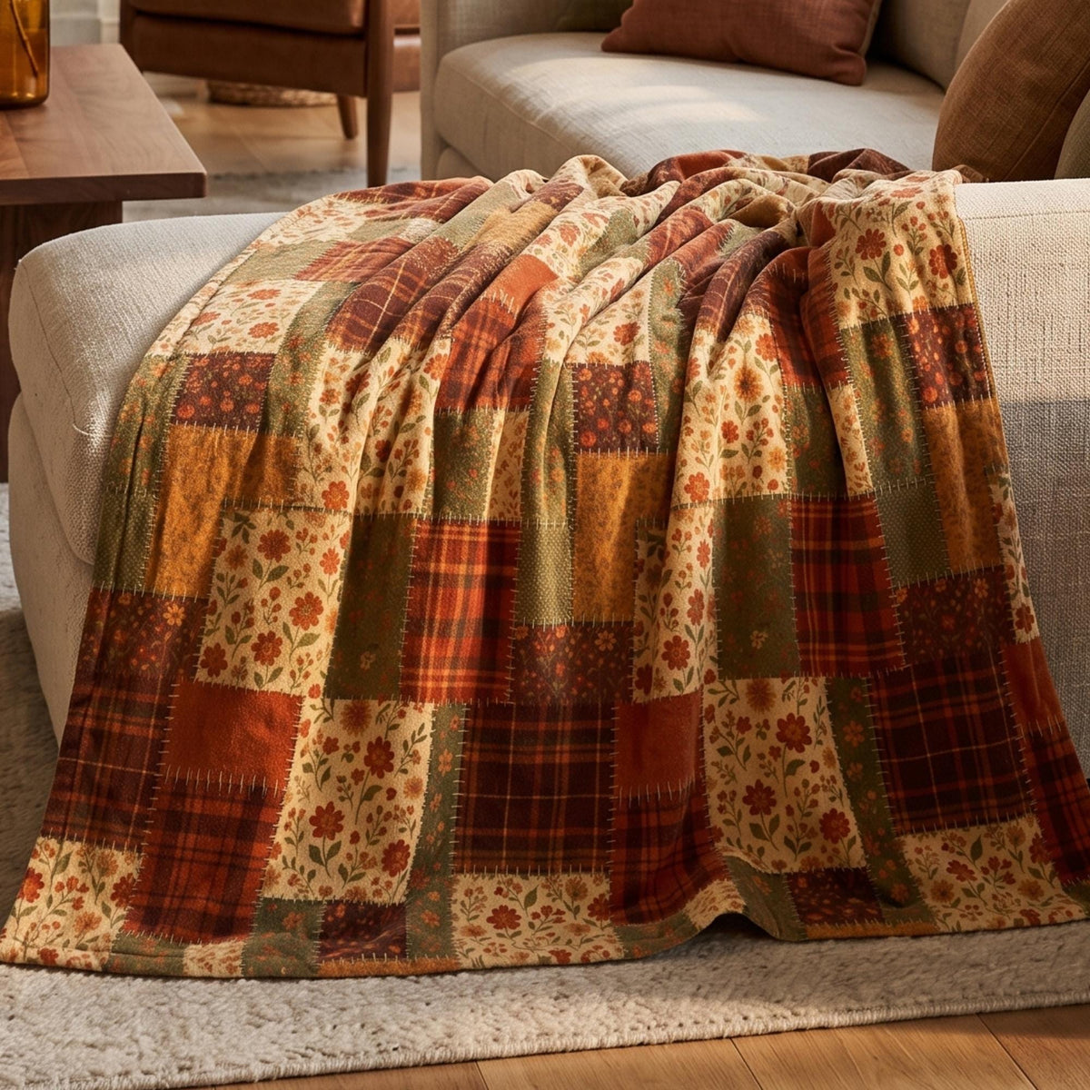 Lightweight Printed Patchwork Plush Blanket, Fall Quilt Style Throw, Rustic Autumn Plaid Floral Blanket, Cozy Farmhouse Thanksgiving Decor