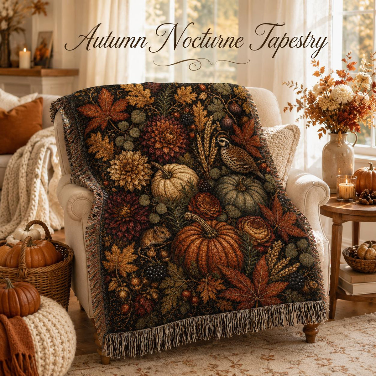 Autumn Nocturne Tapestry Blanket, Dark Fall Woven Throw, Heirloom Pumpkin Botanical Decor, Cottagecore Wall Hanging, Thanksgiving Gift