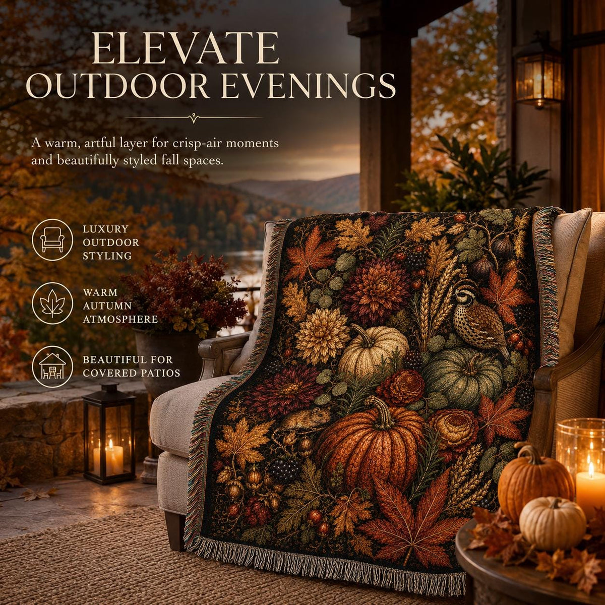Autumn Nocturne Tapestry Blanket, Dark Fall Woven Throw, Heirloom Pumpkin Botanical Decor, Cottagecore Wall Hanging, Thanksgiving Gift