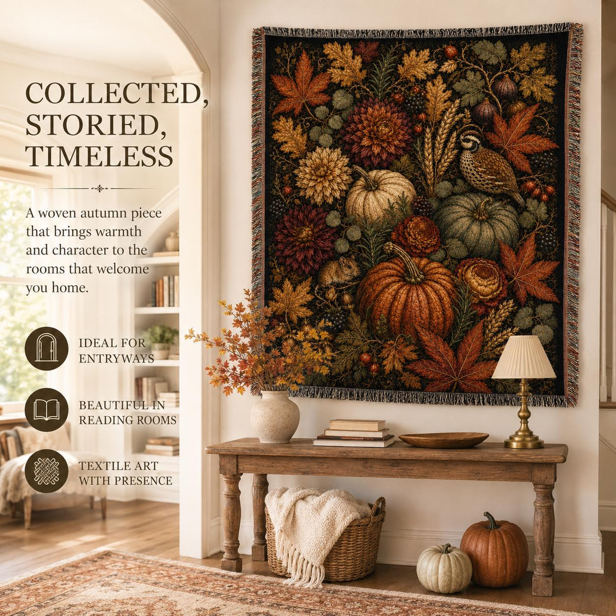 Autumn Nocturne Tapestry Blanket, Dark Fall Woven Throw, Heirloom Pumpkin Botanical Decor, Cottagecore Wall Hanging, Thanksgiving Gift