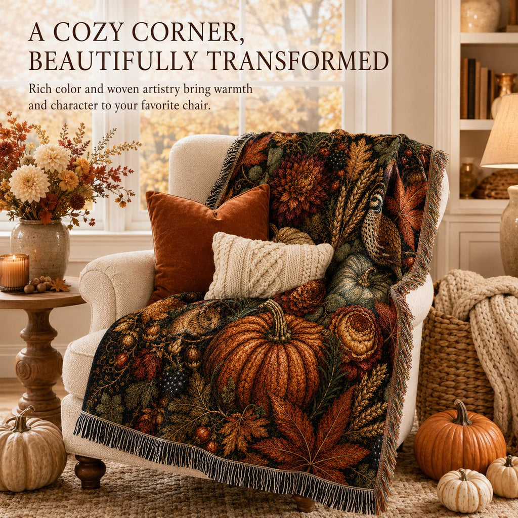 Autumn Nocturne Tapestry Blanket, Dark Fall Woven Throw, Heirloom Pumpkin Botanical Decor, Cottagecore Wall Hanging, Thanksgiving Gift