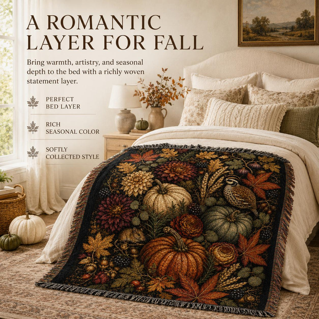 Autumn Nocturne Tapestry Blanket, Dark Fall Woven Throw, Heirloom Pumpkin Botanical Decor, Cottagecore Wall Hanging, Thanksgiving Gift