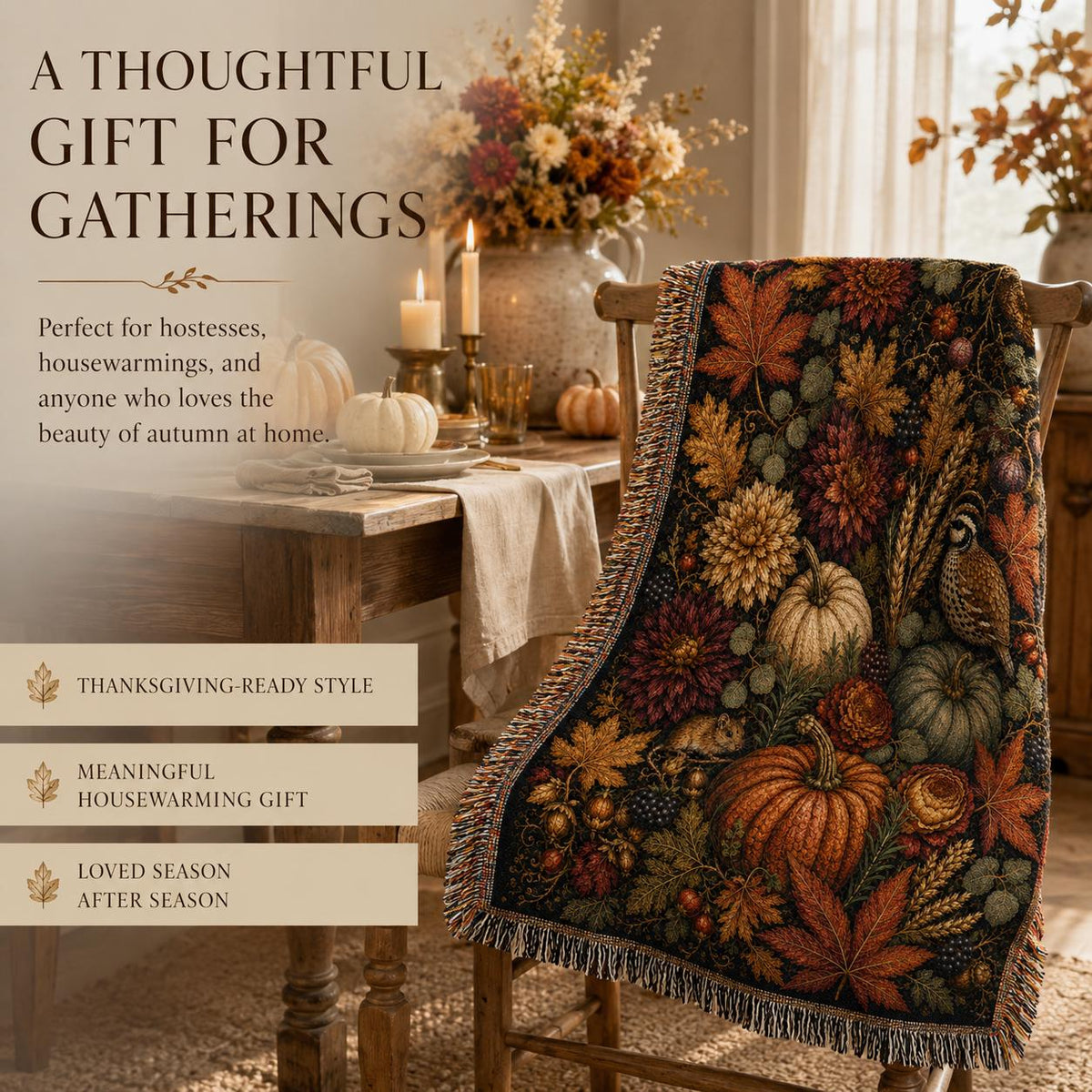 Autumn Nocturne Tapestry Blanket, Dark Fall Woven Throw, Heirloom Pumpkin Botanical Decor, Cottagecore Wall Hanging, Thanksgiving Gift