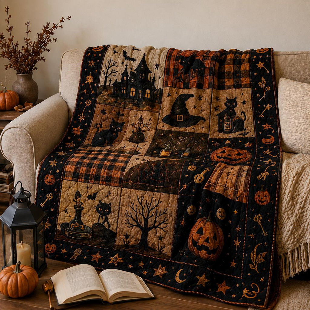 Vintage Halloween Quilt Blanket, Ghost Pumpkin Black Cat Patchwork Throw, Cozy Autumn Bedding, Spooky Season Farmhouse Decor