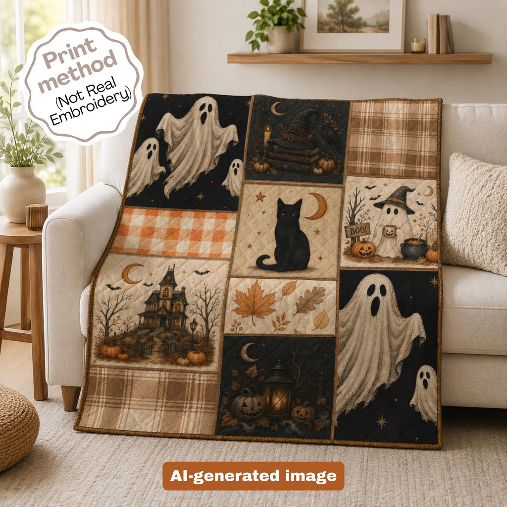 Halloween Plush Blanket Patchwork Throw Gift, Spooky Black Cat Ghost Scarecrow Sherpa Blanket Cute Fall Halloween Pumpkin Season Home Decor