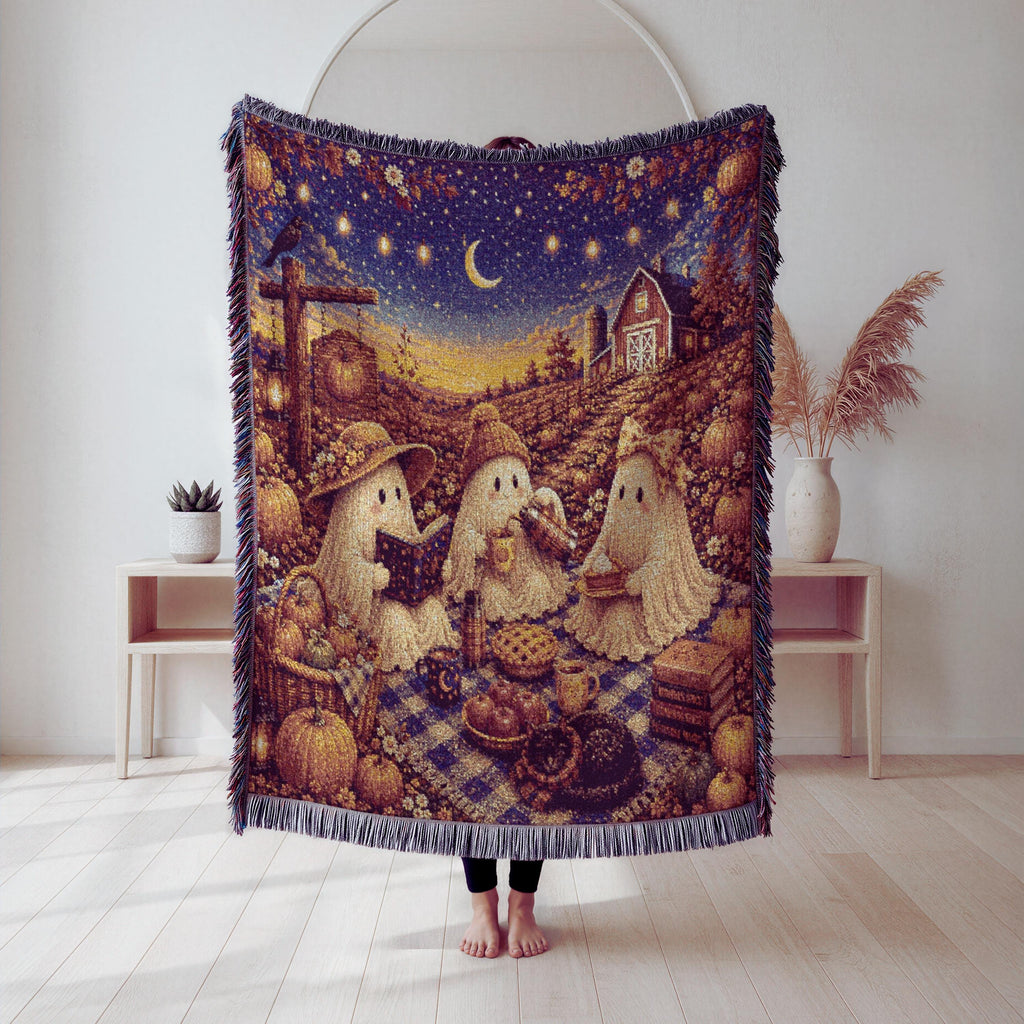 Halloween Ghost Picnic Woven Blanket | Cozy Cottagecore Throw | Pumpkin Patch Cotton Tapestry | Autumn Ghost Decor