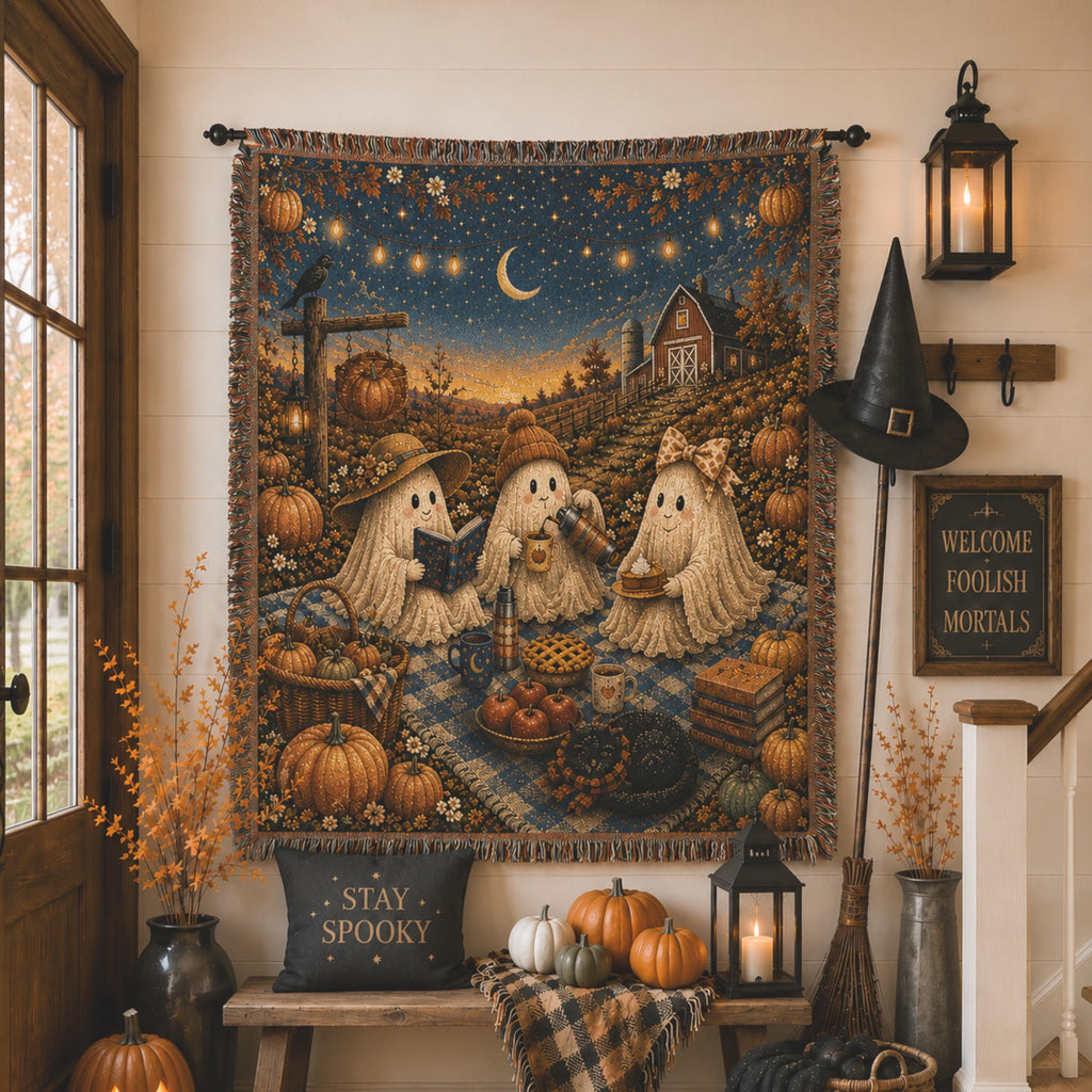 Halloween Ghost Picnic Woven Blanket | Cozy Cottagecore Throw | Pumpkin Patch Cotton Tapestry | Autumn Ghost Decor