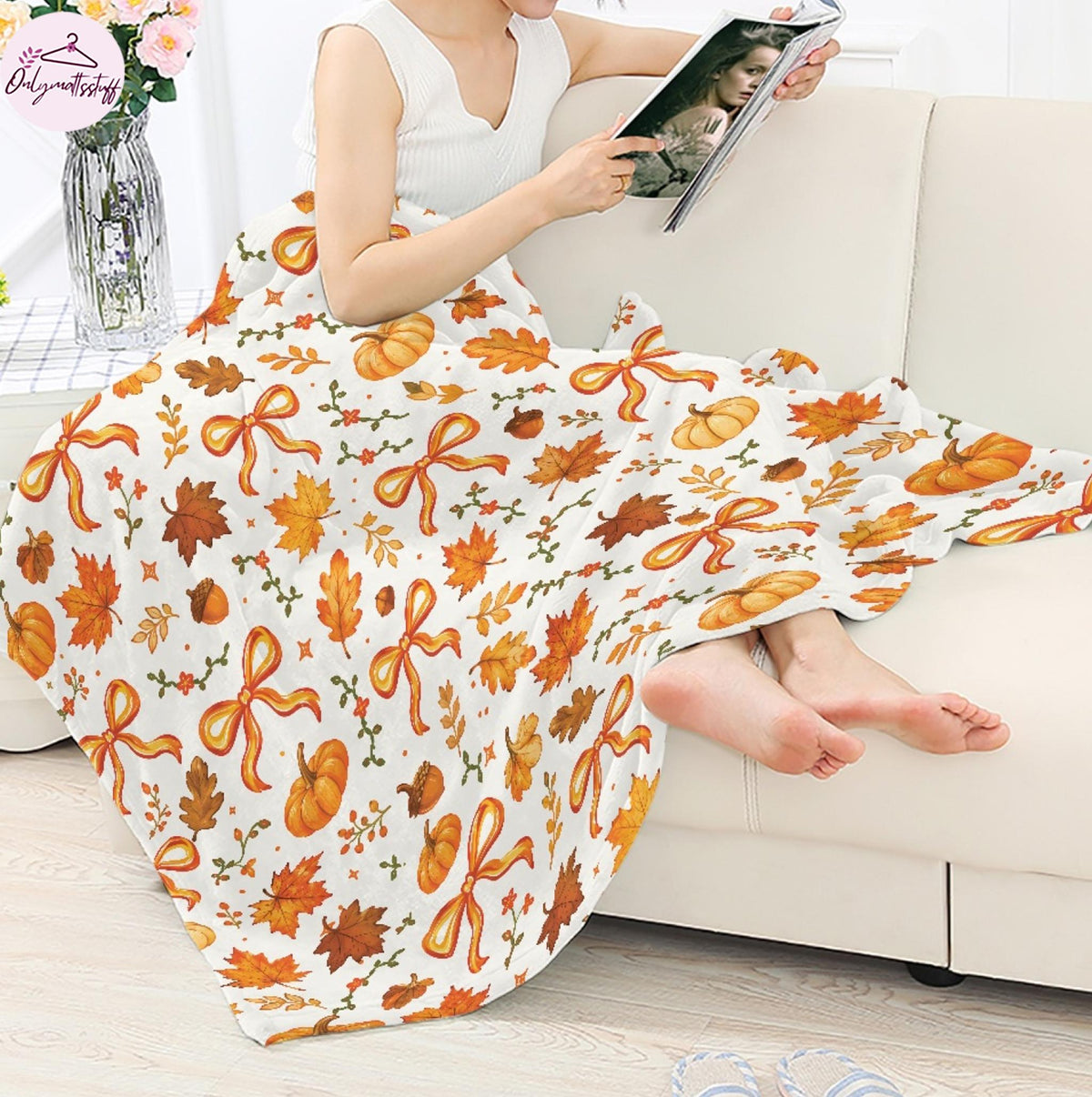 Fall Pumpkin Blanket, Autumn Leaves Throw Blanket, Coquette Bow Cozy Blanket, Cute Fall Decor, Thanksgiving Gift for Her
