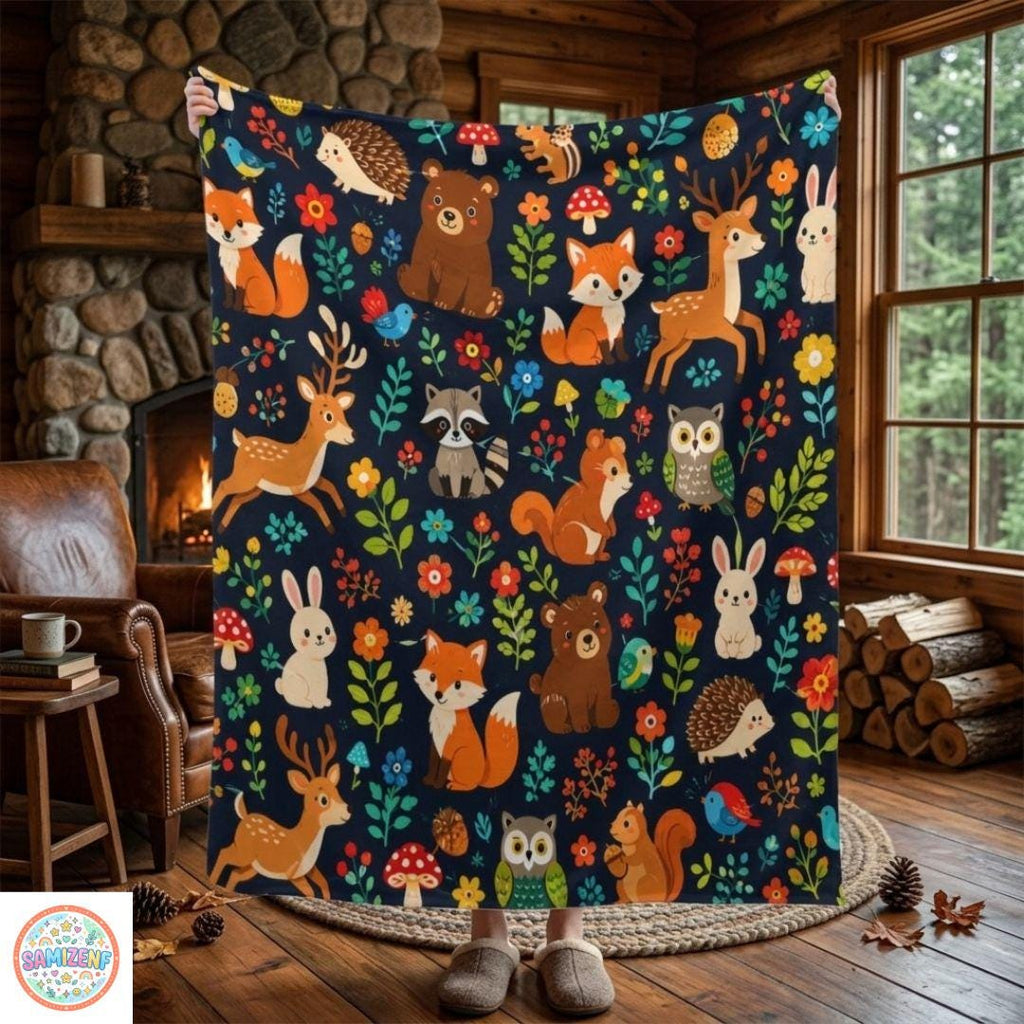 Woodland Animals Baby Blanket, Forest Nursery Fleece Blanket, Fox Deer Bear Baby Shower Gift, Newborn Blanket, Cute Animal Sherpa Blanket