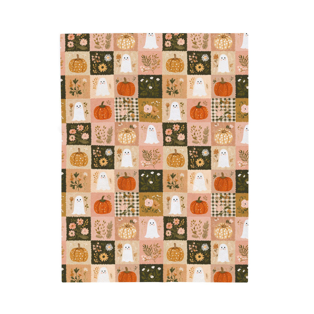 Preppy Patchwork Ghost & Pumpkin Blanket | Halloween Velveteen Plush Fall Throw Cozy Decor