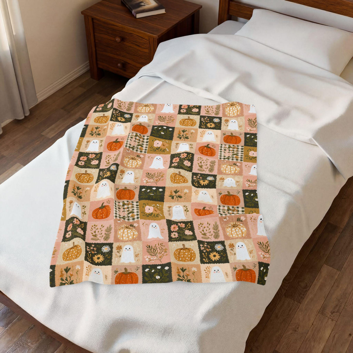 Preppy Patchwork Ghost & Pumpkin Blanket | Halloween Velveteen Plush Fall Throw Cozy Decor