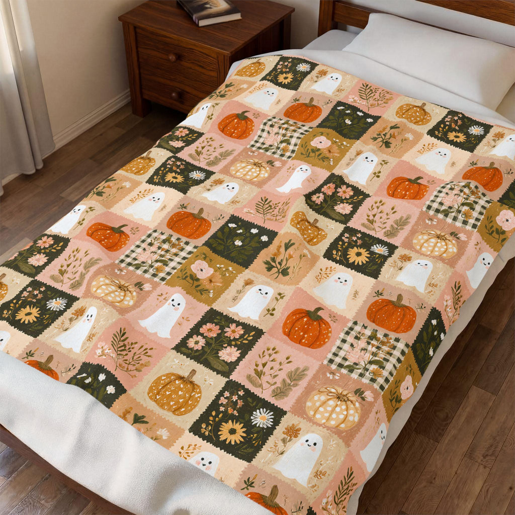 Preppy Patchwork Ghost & Pumpkin Blanket | Halloween Velveteen Plush Fall Throw Cozy Decor