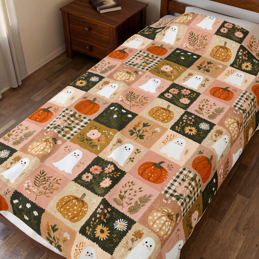 Preppy Patchwork Ghost & Pumpkin Blanket | Halloween Velveteen Plush Fall Throw Cozy Decor