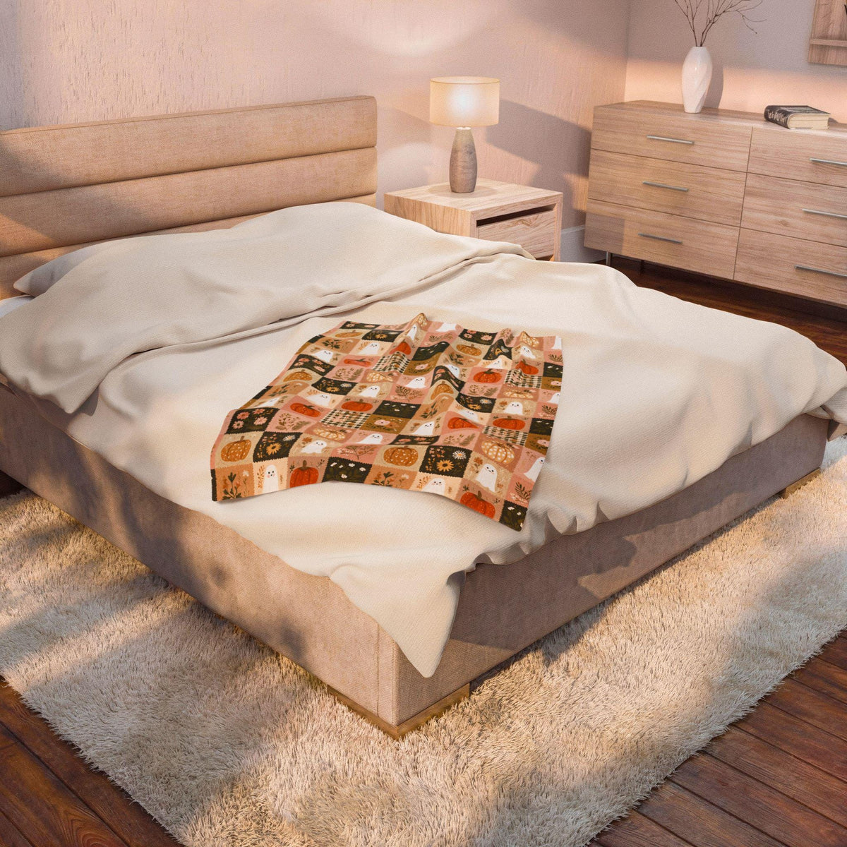 Preppy Patchwork Ghost & Pumpkin Blanket | Halloween Velveteen Plush Fall Throw Cozy Decor