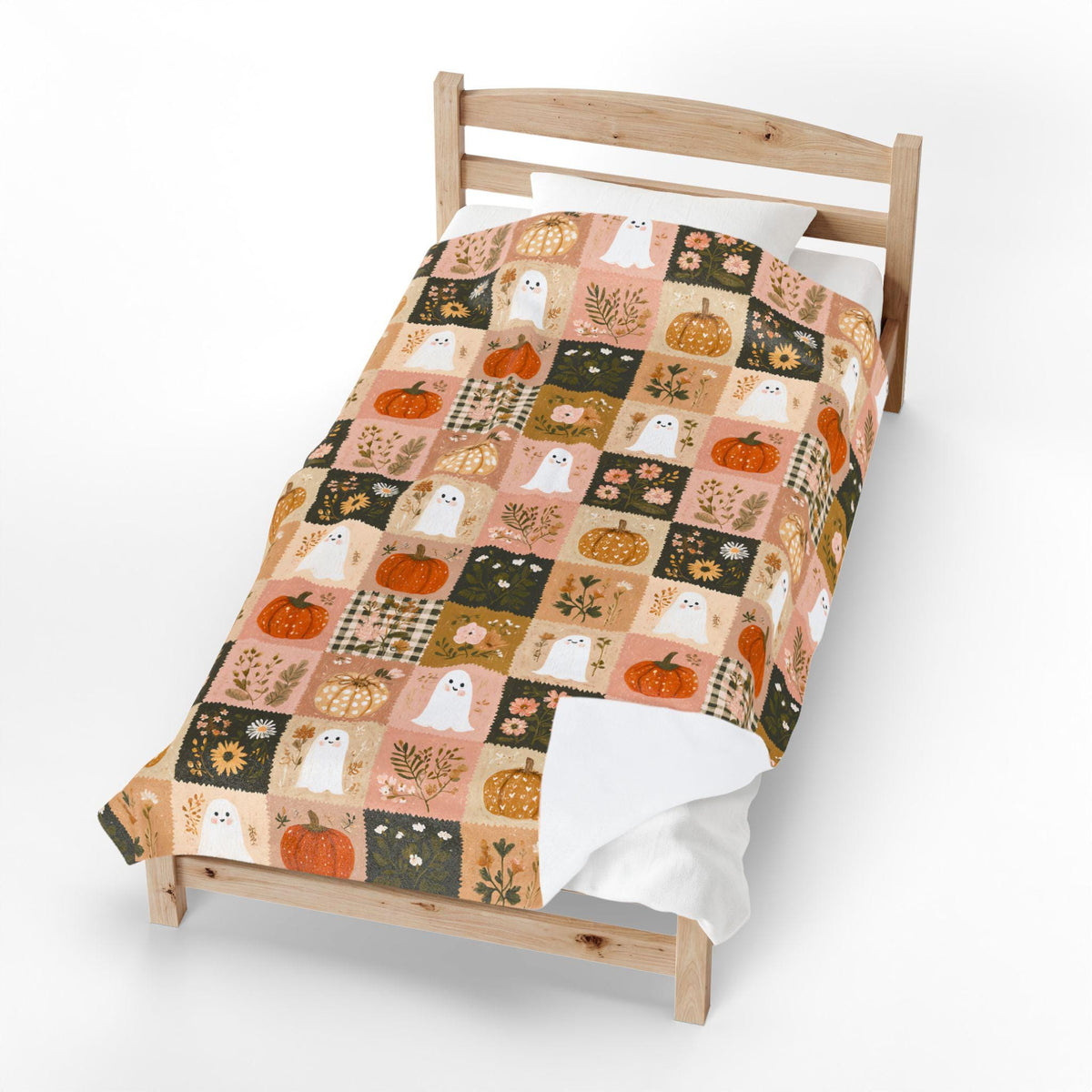 Preppy Patchwork Ghost & Pumpkin Blanket | Halloween Velveteen Plush Fall Throw Cozy Decor