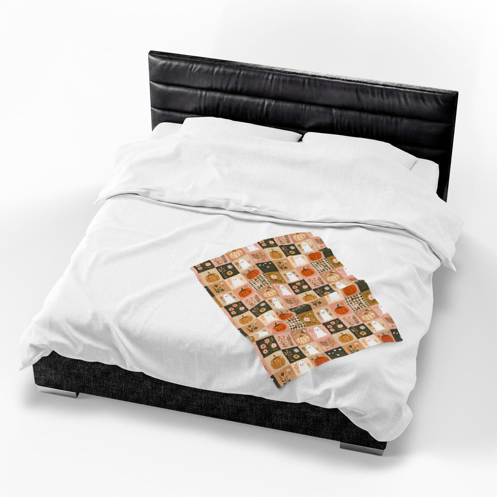 Preppy Patchwork Ghost & Pumpkin Blanket | Halloween Velveteen Plush Fall Throw Cozy Decor