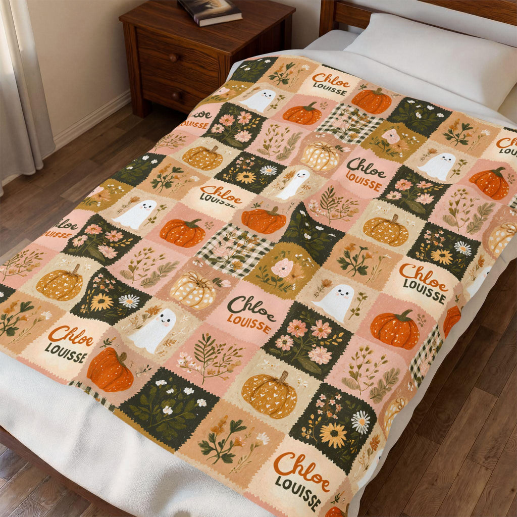 Personalized Patchwork Ghost & Pumpkin Blanket | Custom Name Velveteen Plush Halloween Fall Throw