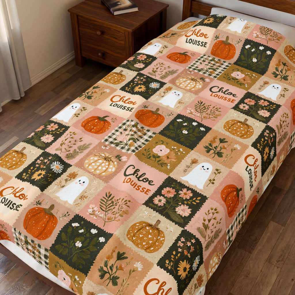 Personalized Patchwork Ghost & Pumpkin Blanket | Custom Name Velveteen Plush Halloween Fall Throw