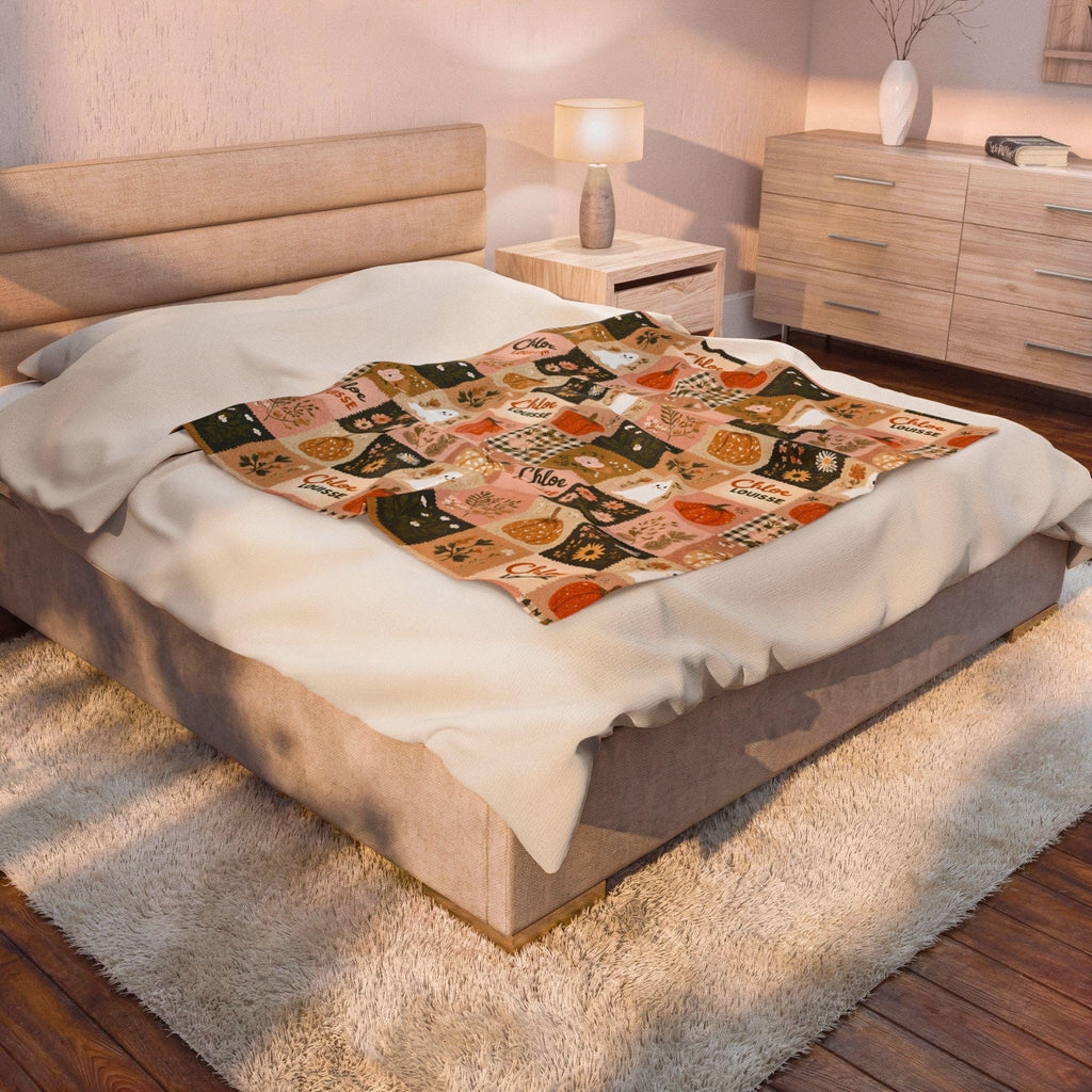Personalized Patchwork Ghost & Pumpkin Blanket | Custom Name Velveteen Plush Halloween Fall Throw