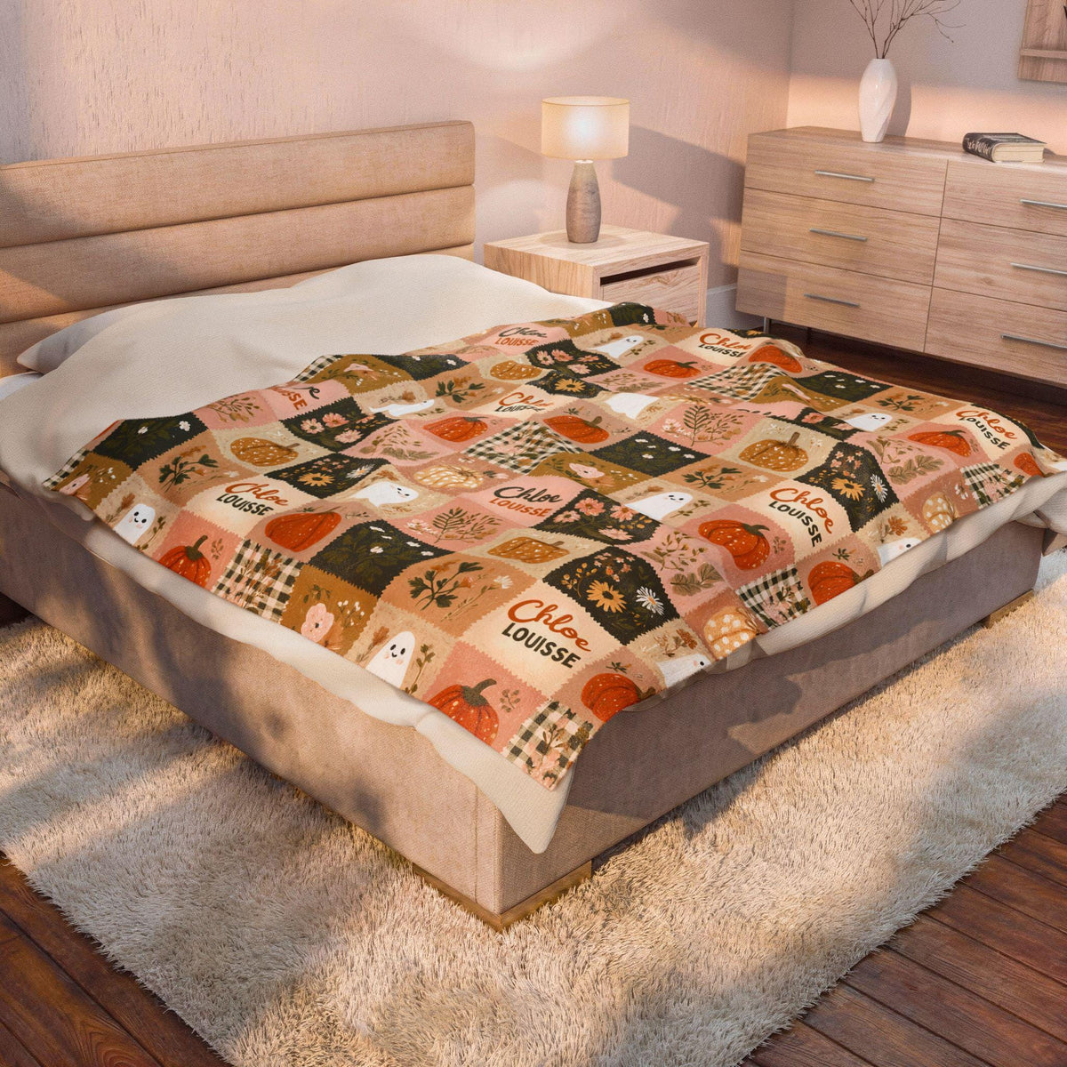 Personalized Patchwork Ghost & Pumpkin Blanket | Custom Name Velveteen Plush Halloween Fall Throw