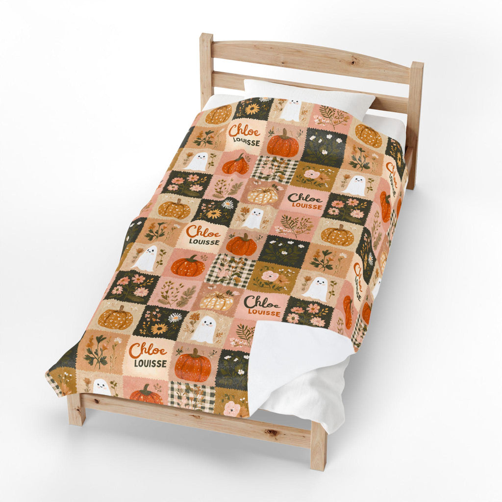 Personalized Patchwork Ghost & Pumpkin Blanket | Custom Name Velveteen Plush Halloween Fall Throw