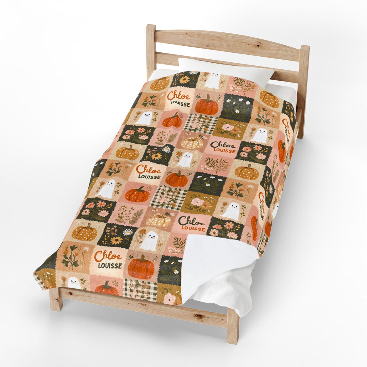 Personalized Patchwork Ghost & Pumpkin Blanket | Custom Name Velveteen Plush Halloween Fall Throw