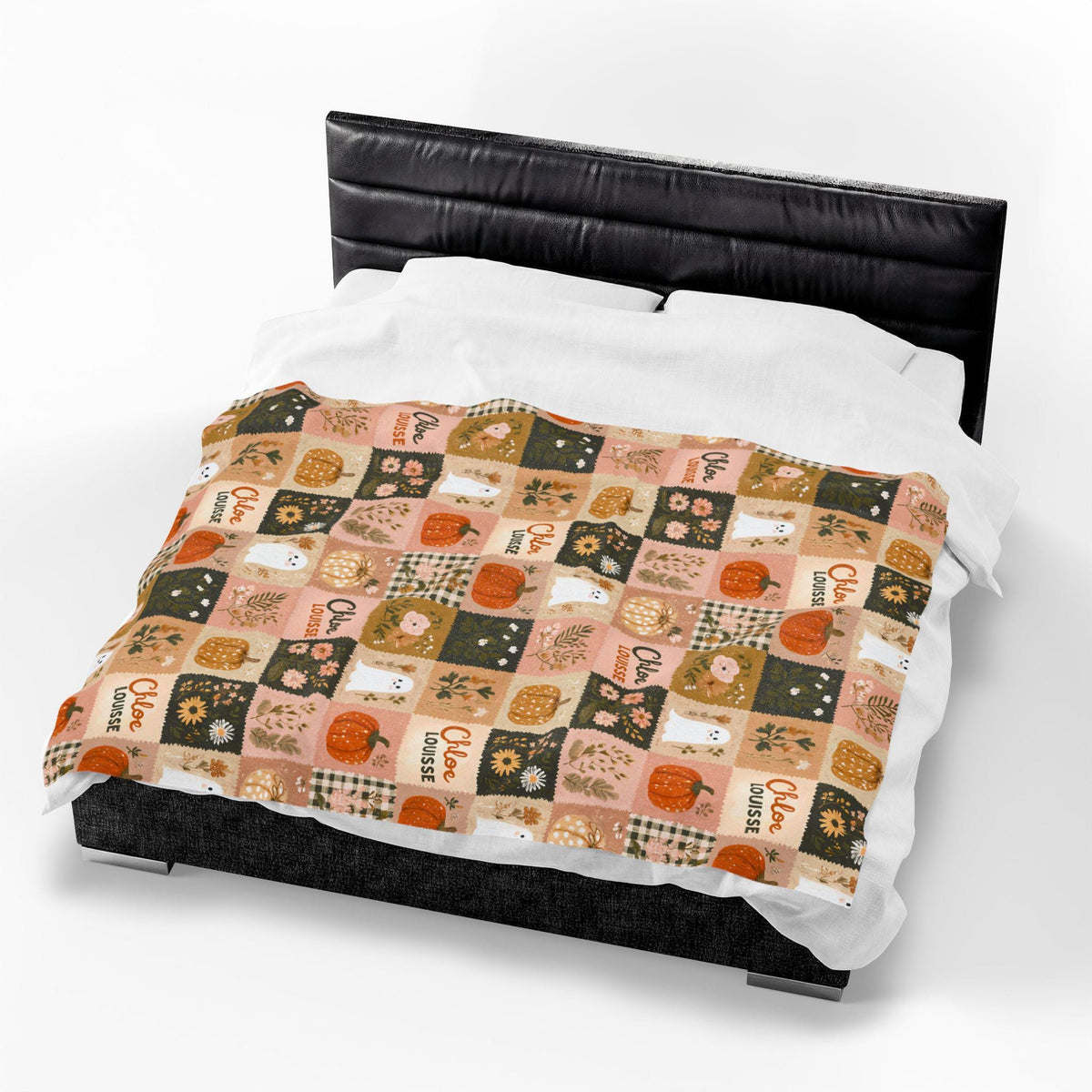 Personalized Patchwork Ghost & Pumpkin Blanket | Custom Name Velveteen Plush Halloween Fall Throw