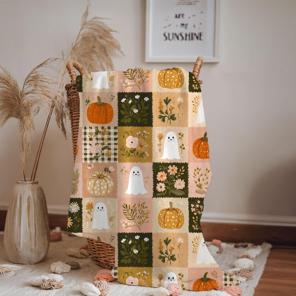 Preppy Patchwork Ghost & Pumpkin Blanket | Halloween Velveteen Plush Fall Throw Cozy Decor