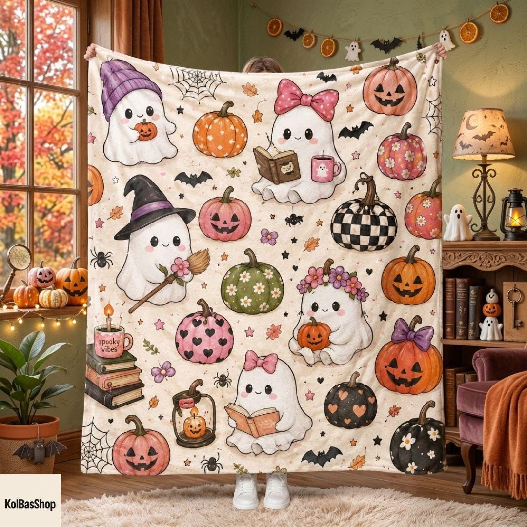 Cute Ghost Reading Halloween Blanket, Cozy Pumpkin Throw Blanket, Spooky Ghost Blanket, Pink Pumpkin Fall Decor, Ghost Book Lover Blanket