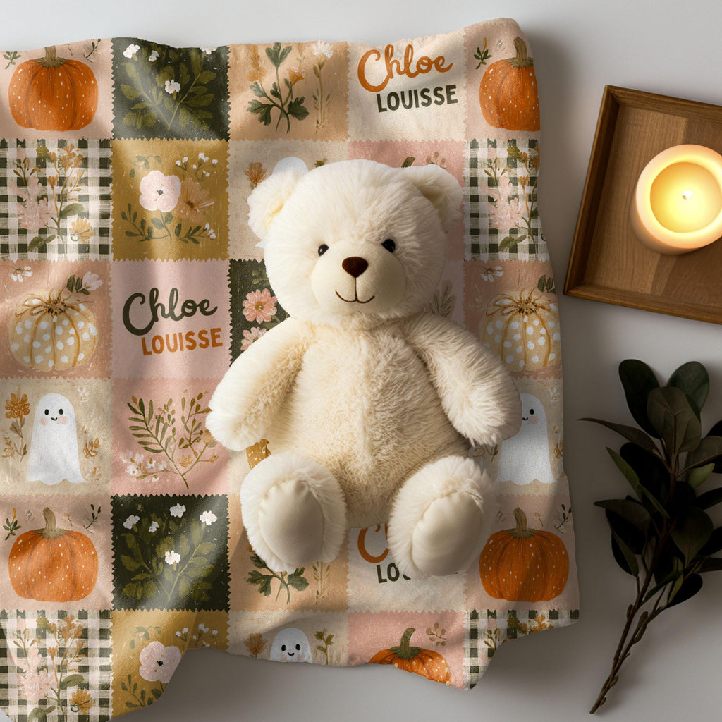 Personalized Patchwork Ghost & Pumpkin Blanket | Custom Name Velveteen Plush Halloween Fall Throw