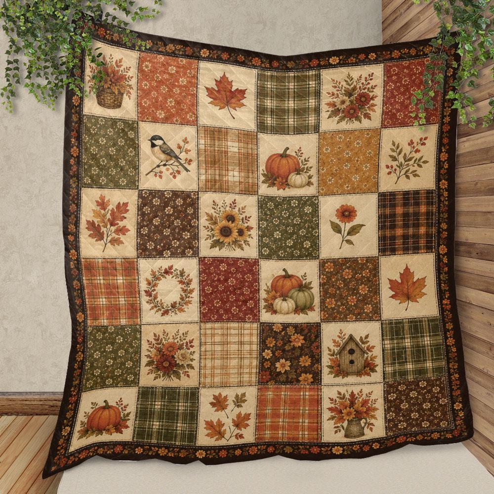 Autumn Quilt Blanket, Fall Quilt Style Throw Blanket, Printed Patchwork Pumpkin Blanket, Farmhouse Fall Decor, Cottagecore Autumn Blanket