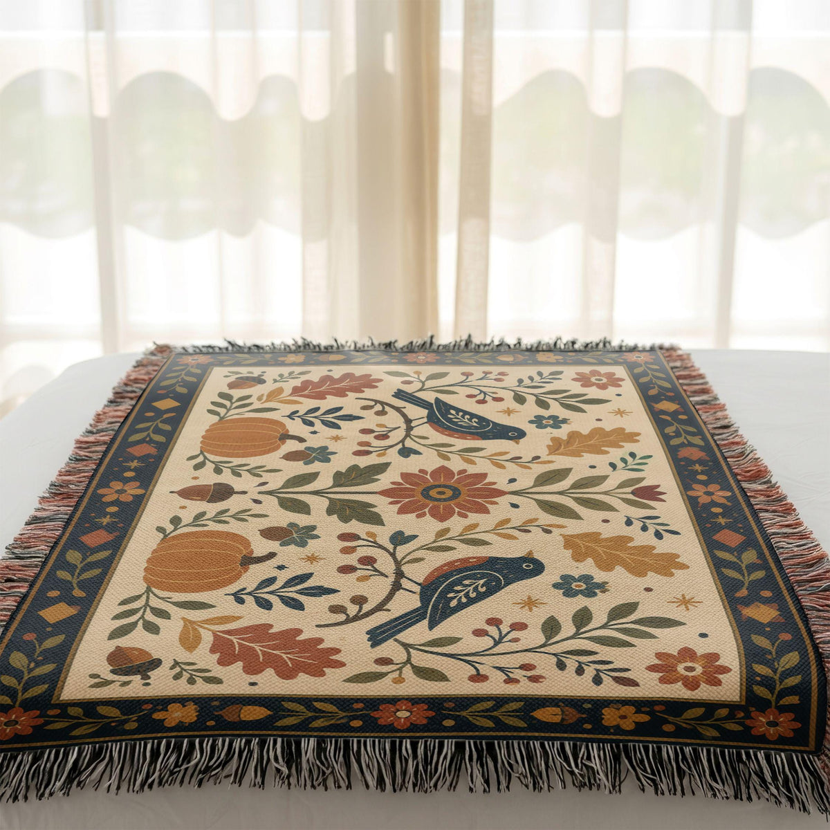 Fall Folk Art Woven Blanket, Halloween Pumpkin Cotton Throw, Autumn Bird Tapestry Blanket, Cottagecore Harvest Sofa Bed Decor