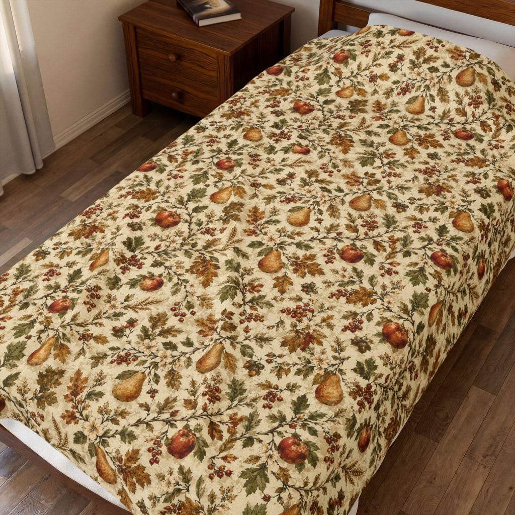Autumn Orchard Velveteen Blanket, Heirloom Fall Throw, Botanical Cozy Decor