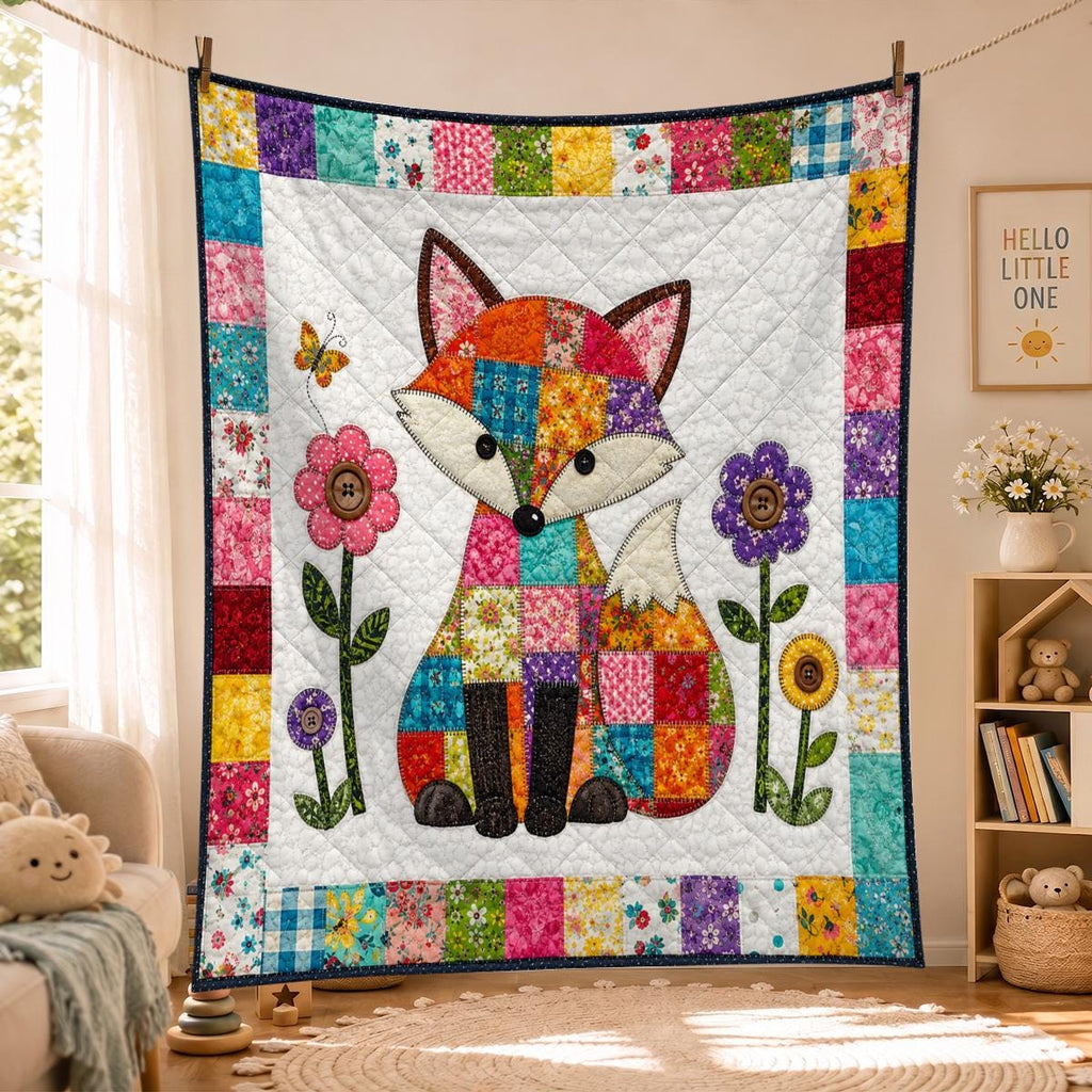 Patchwork Fox Quilt, Bright Woodland Blanket, Floral Nursery Room Decor