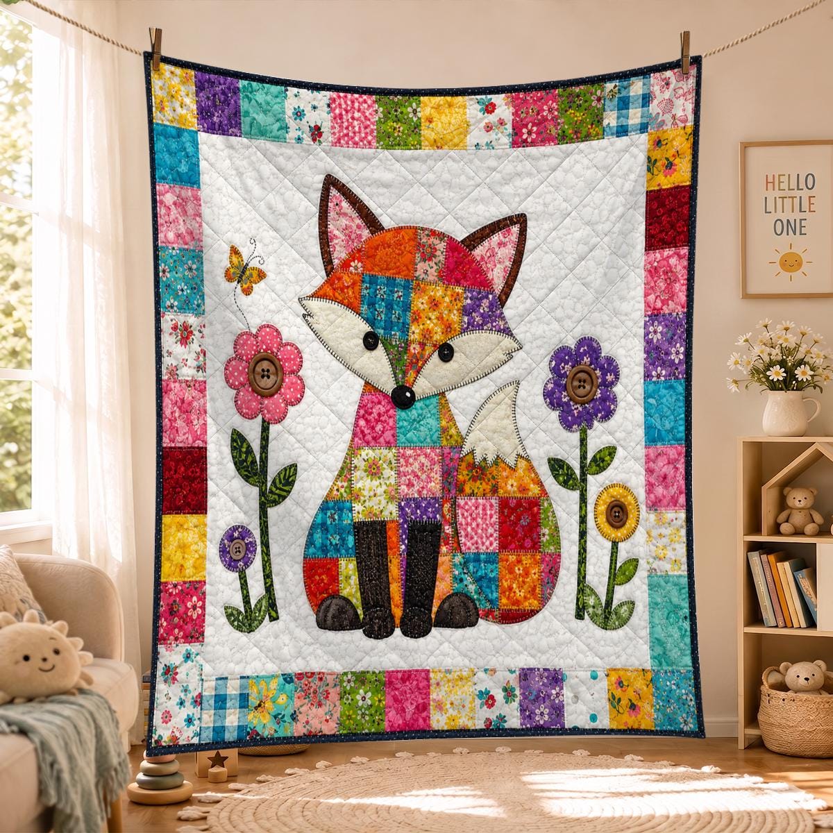 Patchwork Fox Quilt, Bright Woodland Blanket, Floral Nursery Room Decor