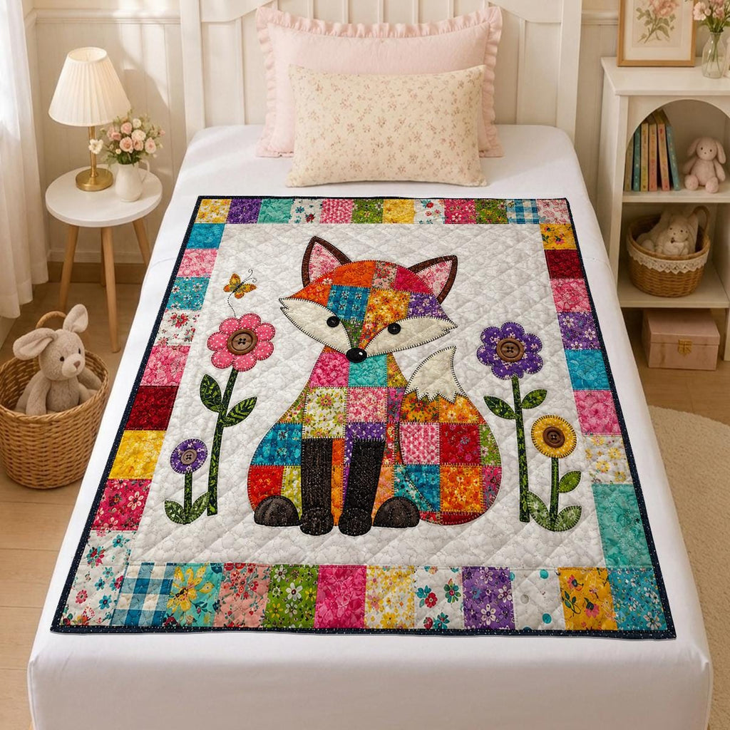 Patchwork Fox Quilt, Bright Woodland Blanket, Floral Nursery Room Decor