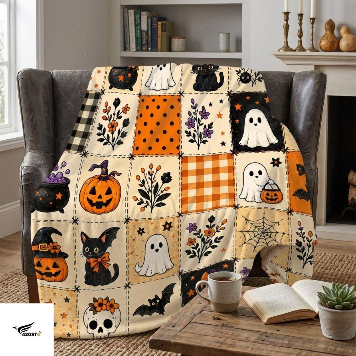 Halloween Ghost Fleece Blanket, Spooky Black Cat Throw Blanket, Pumpkin Patchwork Cozy Blanket, Cute Fall Halloween Home Decor Gift