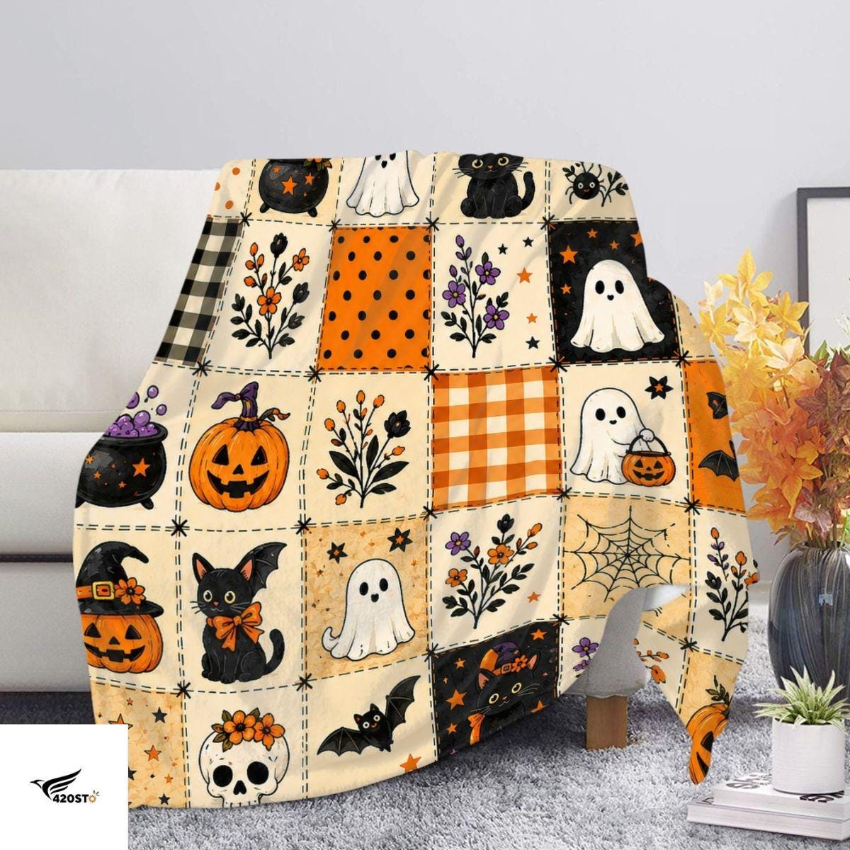 Halloween Ghost Fleece Blanket, Spooky Black Cat Throw Blanket, Pumpkin Patchwork Cozy Blanket, Cute Fall Halloween Home Decor Gift