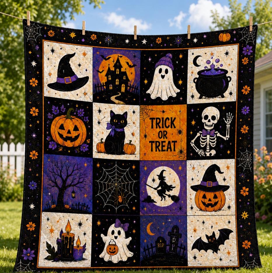 Halloween Quilt, Pumpkin Ghost Bat Blanket, Spooky Fall Quilt, Black Cat Ghost Pumpkin Cozy Throw Blanket, Spooky Ghost Pumpkin Room Decor
