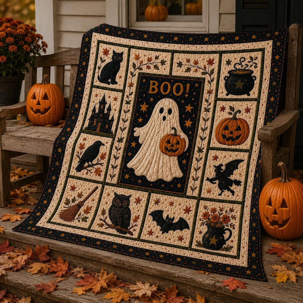 Halloween Patchwork Quilt Set, Pumpkin Ghost Bat Bedding Set, Spooky Fall Quilt Blanket, Halloween Bedroom Decor, Cozy Autumn Bedspread